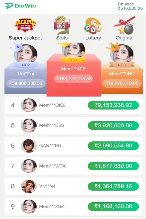 Diu win game bonus rank leaderboard for top cash winners